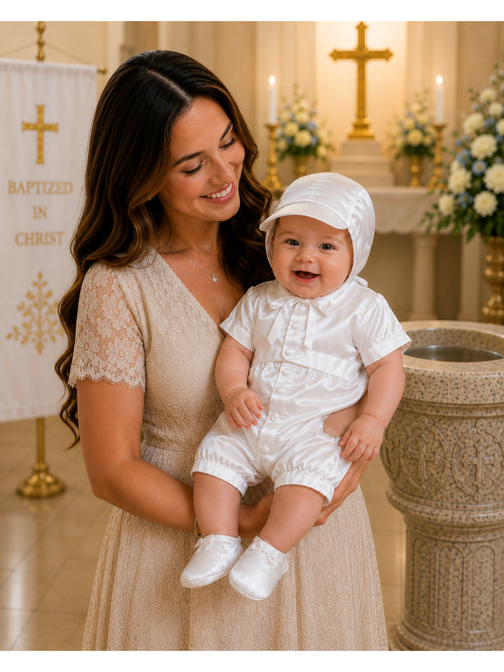 Boys Christening/Baptism Outfit with Cap Brim Bonnet - Satin Look - Size 9M NEW